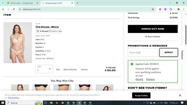CUUP checkout page showing CUUP promo code box | Screenshot taken by SimplyCodes community member on Jul 29, 2025