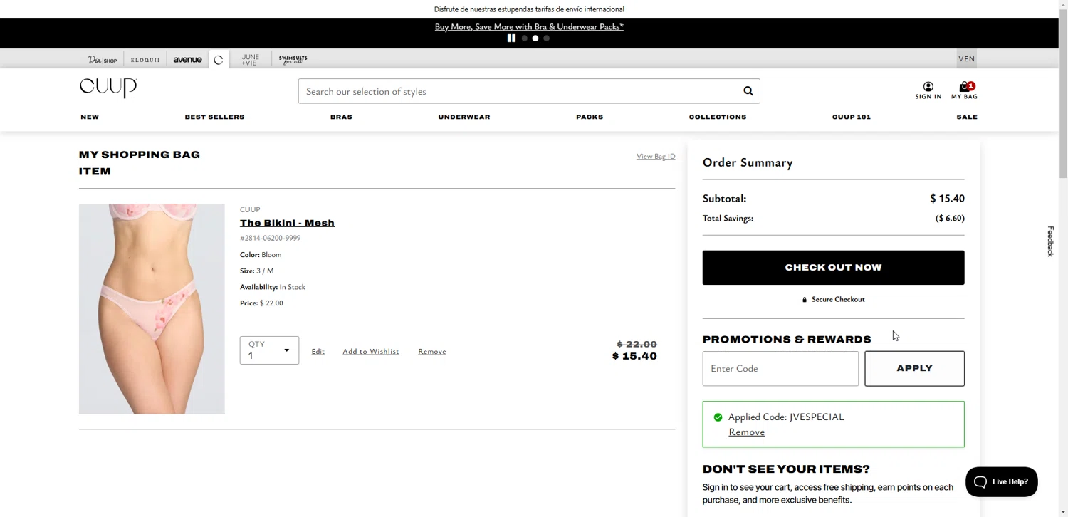 CUUP promo code screenshot showing code JVESPECIAL applied at CUUP checkout page. Uploaded by SimplyCodes community member Hyupat on Feb 23, 2025