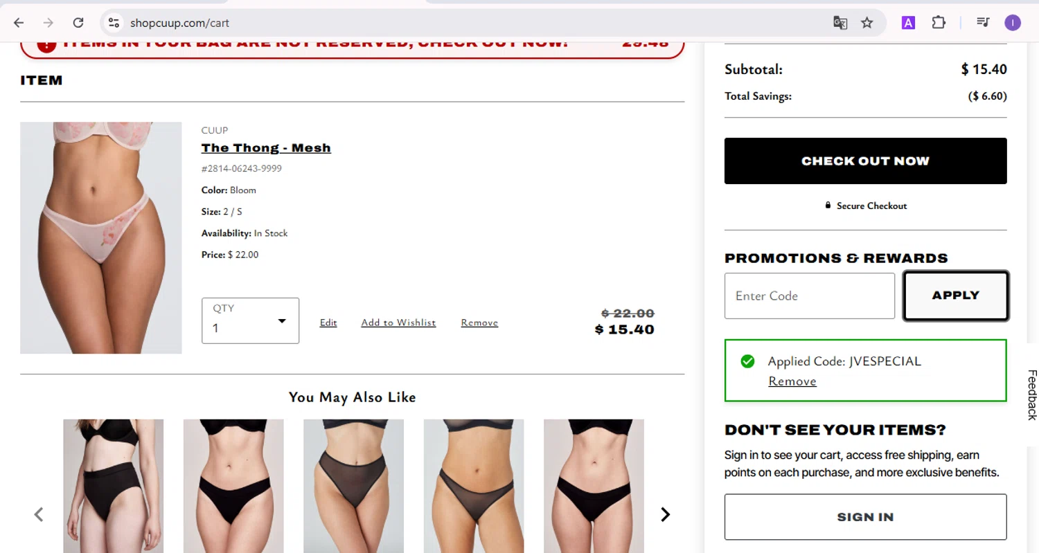 CUUP promo code screenshot showing code JVESPECIAL applied at CUUP checkout page. Uploaded by SimplyCodes community member SilverVirtuoso5948 on Jan 25, 2025