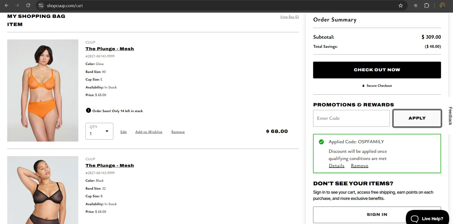 CUUP promo code screenshot showing code OSPFAMILY applied at CUUP checkout page. Uploaded by SimplyCodes community member Gray_75 on Aug 2, 2025