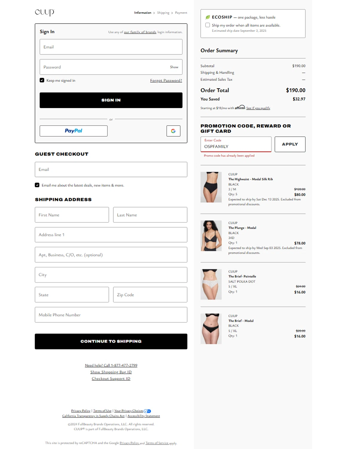 CUUP promo code screenshot showing code OSPFAMILY applied at CUUP checkout page. Uploaded by SimplyCodes community member SilverRanger658 on Aug 16, 2025