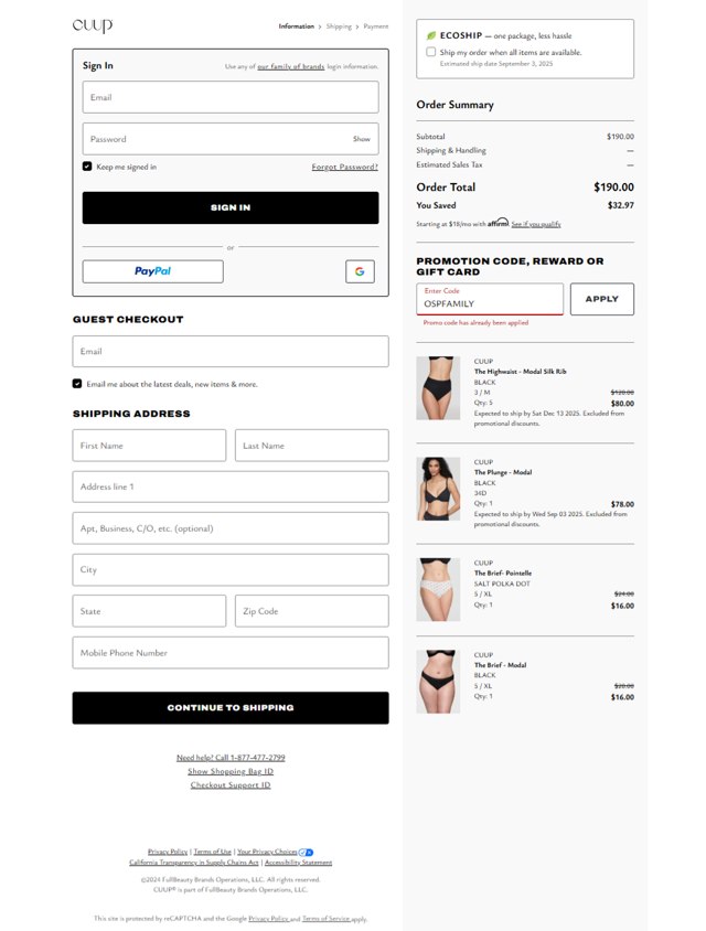 CUUP checkout page showing CUUP promo code box | Screenshot taken by SimplyCodes community member on Aug 16, 2025