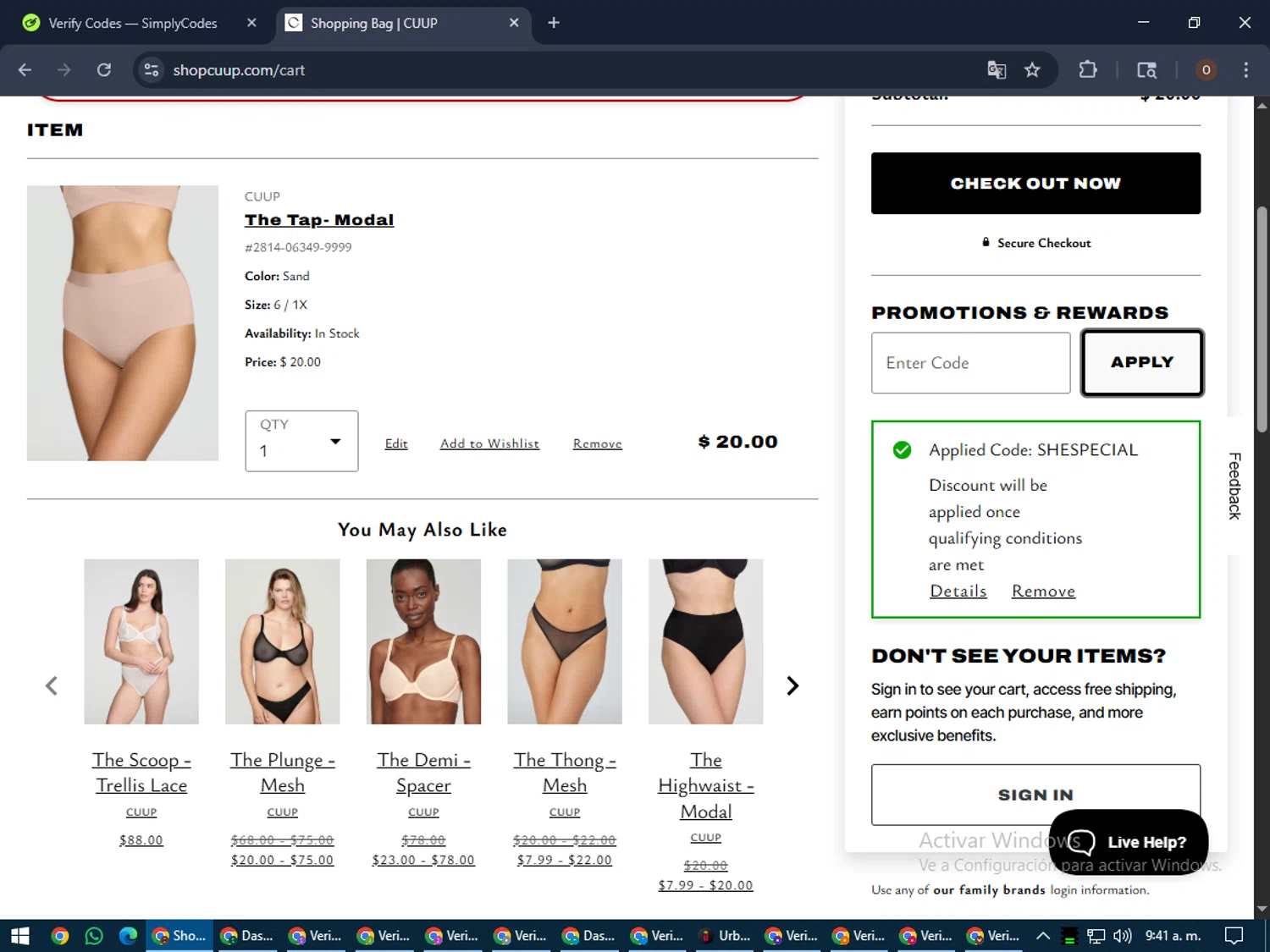 CUUP promo code screenshot showing code Shespecial applied at CUUP checkout page. Uploaded by SimplyCodes community member LegendaryAdmiral8649 on Jul 14, 2025