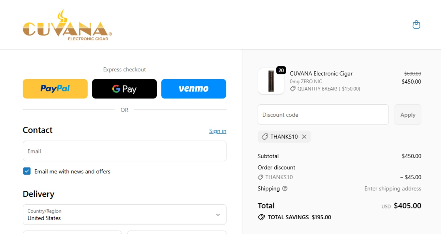 CUVANA E-Cigar promo code screenshot showing code THANKS10 applied at CUVANA E-Cigar checkout page. Uploaded by SimplyCodes community member leiraM on Feb 18, 2026