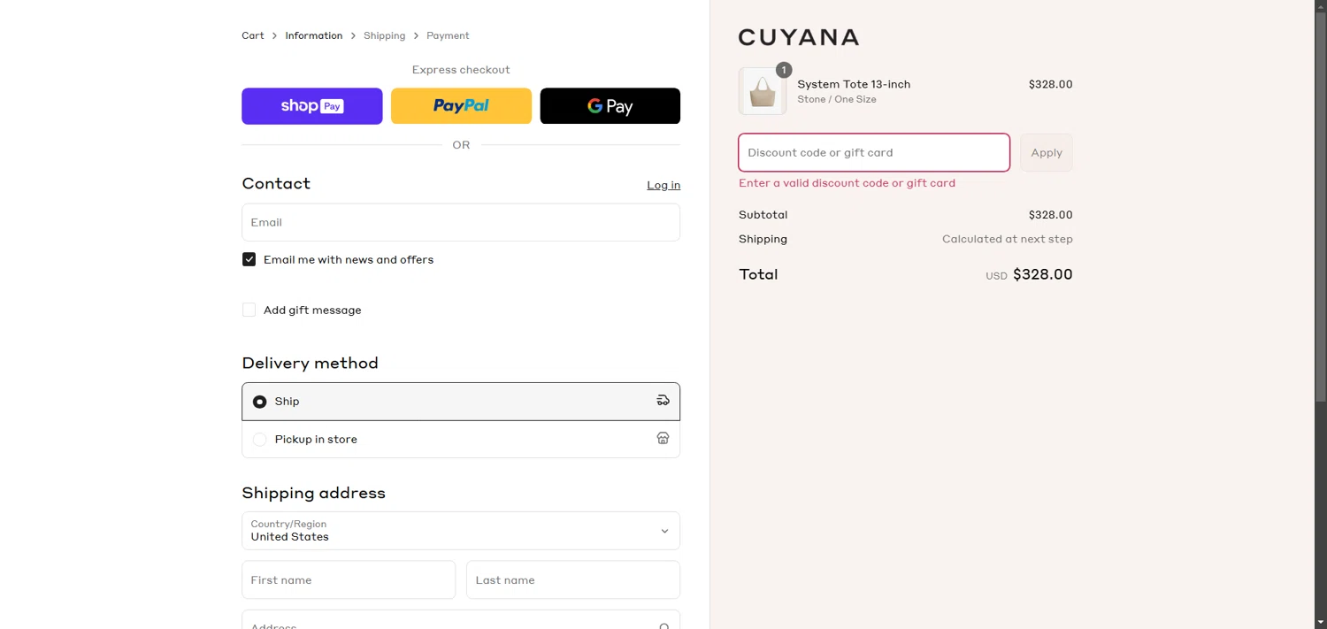 Cuyana discount code screenshot showing code FREESHIP applied at Cuyana checkout page. Uploaded by SimplyCodes community member TokenCollector1268 on May 7, 2025
