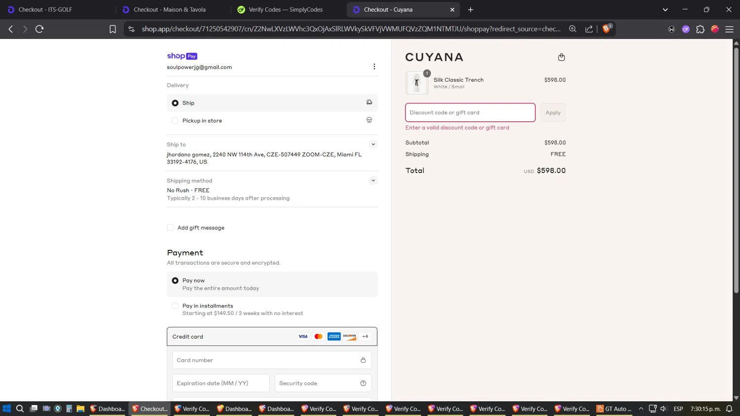 Cuyana discount code screenshot showing code FREESHIP applied at Cuyana checkout page. Uploaded by SimplyCodes community member verifier_983798000 on May 6, 2025