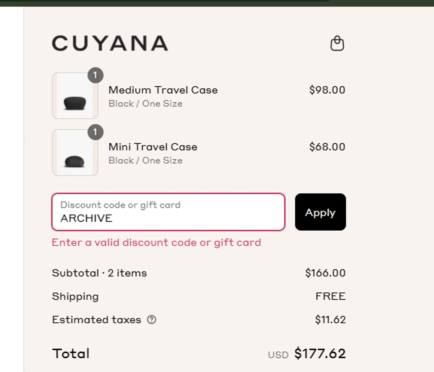 Cuyana discount code screenshot showing code ARCHIVE applied at Cuyana checkout page. Uploaded by SimplyCodes community member Lamadama on Aug 27, 2025