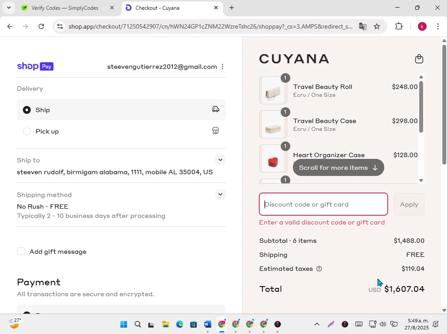 Cuyana discount code screenshot showing code BOSTON10 applied at Cuyana checkout page. Uploaded by SimplyCodes community member karoline on Aug 27, 2025