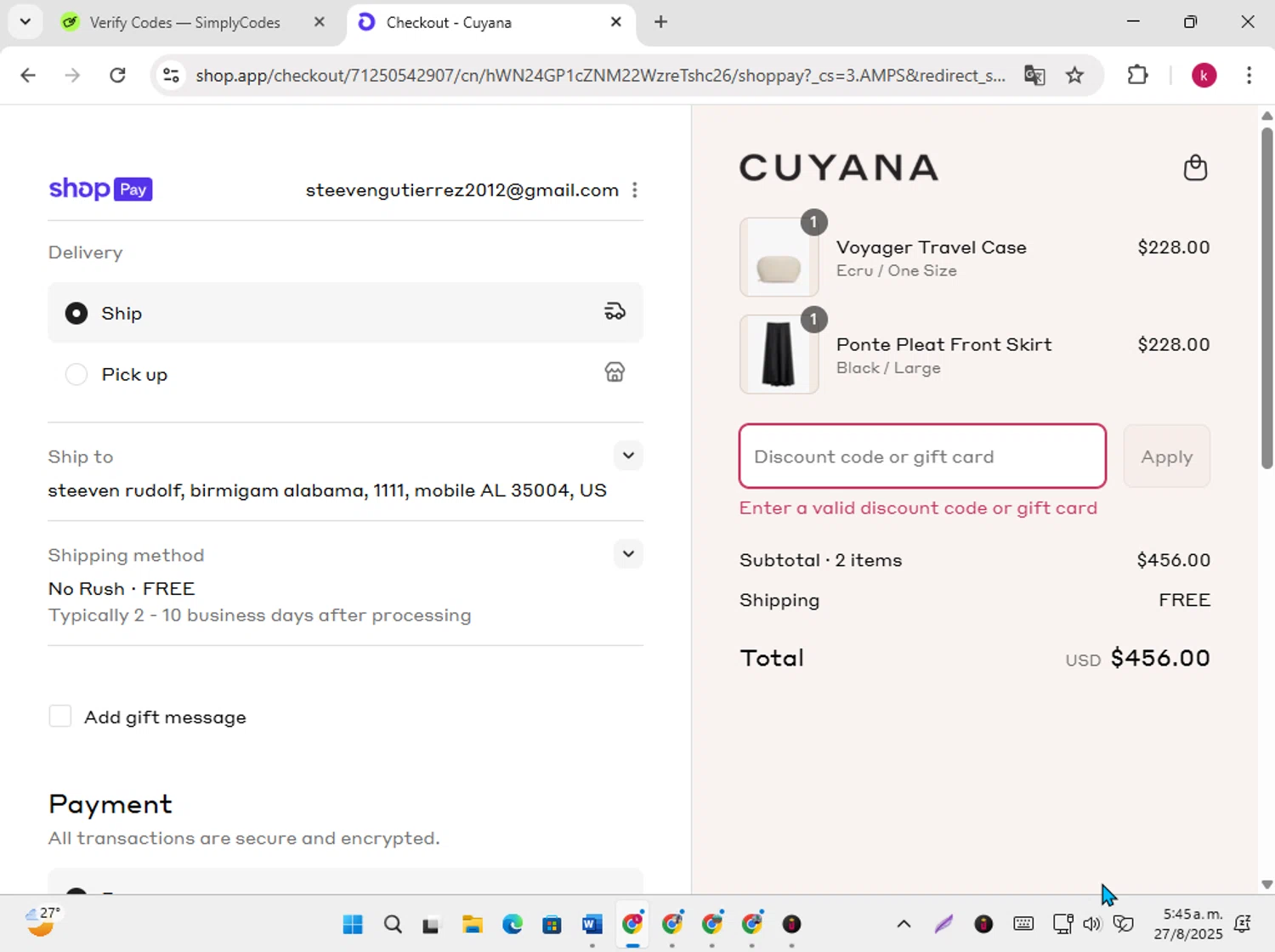 Cuyana discount code screenshot showing code CATALOG15 applied at Cuyana checkout page. Uploaded by SimplyCodes community member karoline on Aug 27, 2025