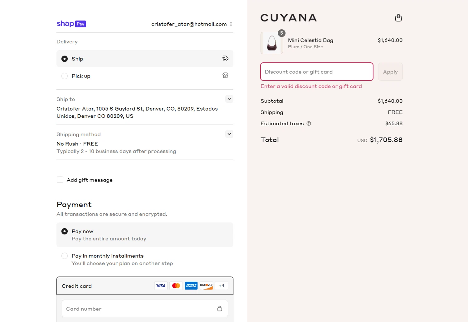 Cuyana discount code screenshot showing code FREEMONO applied at Cuyana checkout page. Uploaded by SimplyCodes community member Angeles23 on Aug 23, 2025