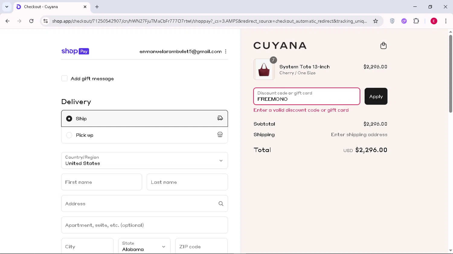 Cuyana discount code screenshot showing code FREEMONO applied at Cuyana checkout page. Uploaded by SimplyCodes community member Arambulet on Aug 23, 2025