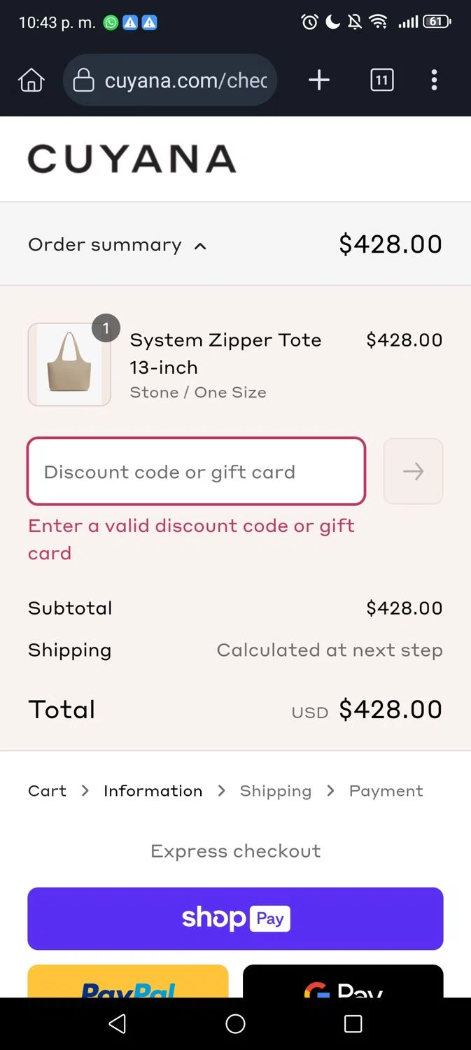 Cuyana discount code screenshot showing code FREEMONO applied at Cuyana checkout page. Uploaded by SimplyCodes community member George07 on Aug 23, 2025