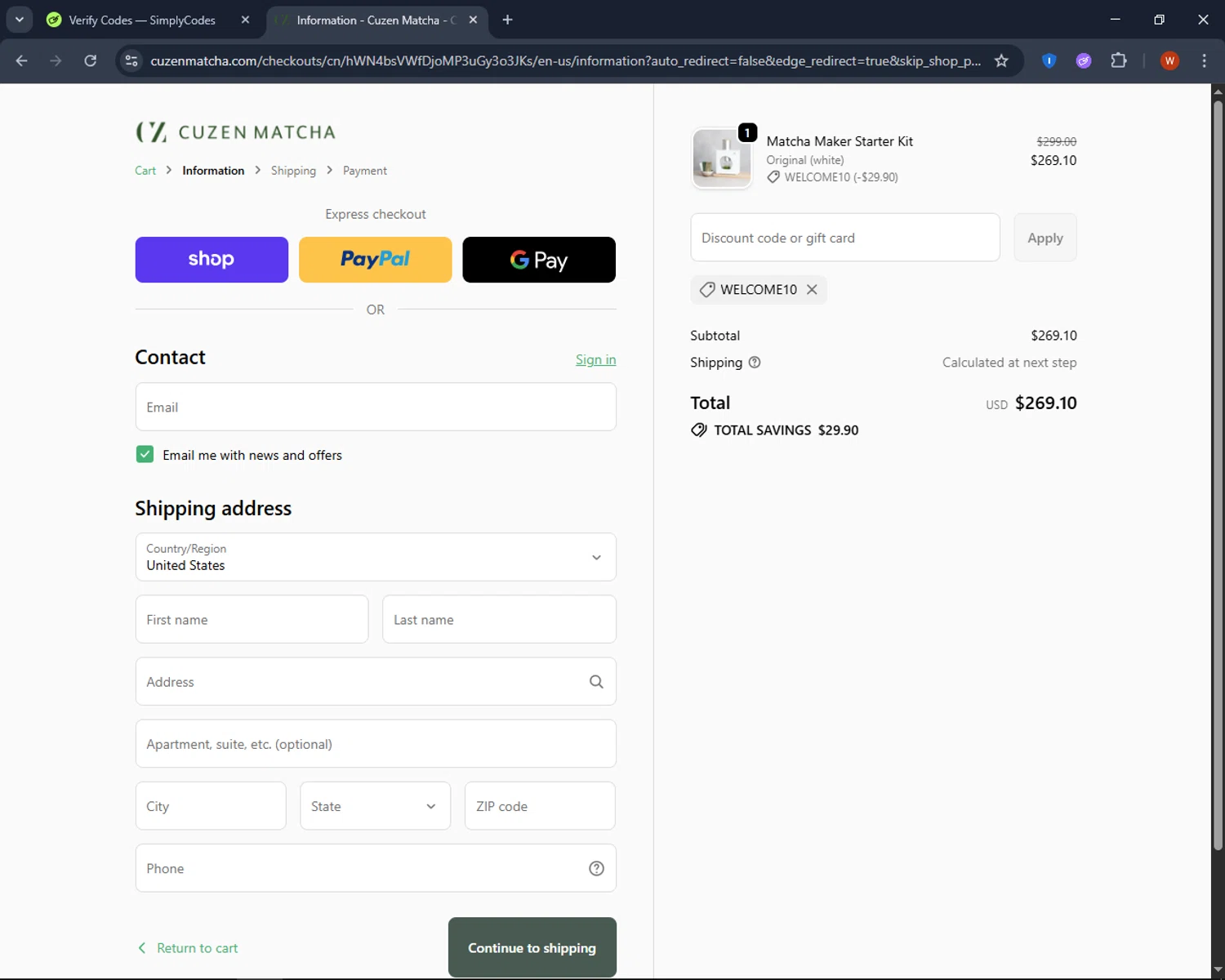 Cuzen Matcha discount code screenshot showing code WELCOME10 applied at Cuzen Matcha checkout page. Uploaded by SimplyCodes community member CashPro9699 on Oct 27, 2025