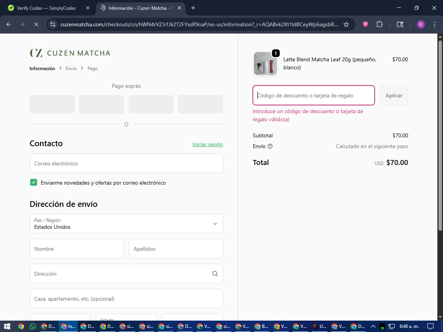 Cuzen Matcha discount code screenshot showing code HOJICHA30 applied at Cuzen Matcha checkout page. Uploaded by SimplyCodes community member travisscott on Nov 3, 2025