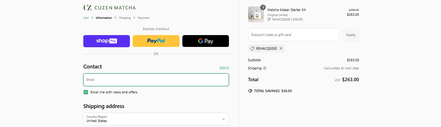 Cuzen Matcha discount code screenshot showing code ReHacQ5000 applied at Cuzen Matcha checkout page. Uploaded by SimplyCodes community member OnlywM on May 15, 2025
