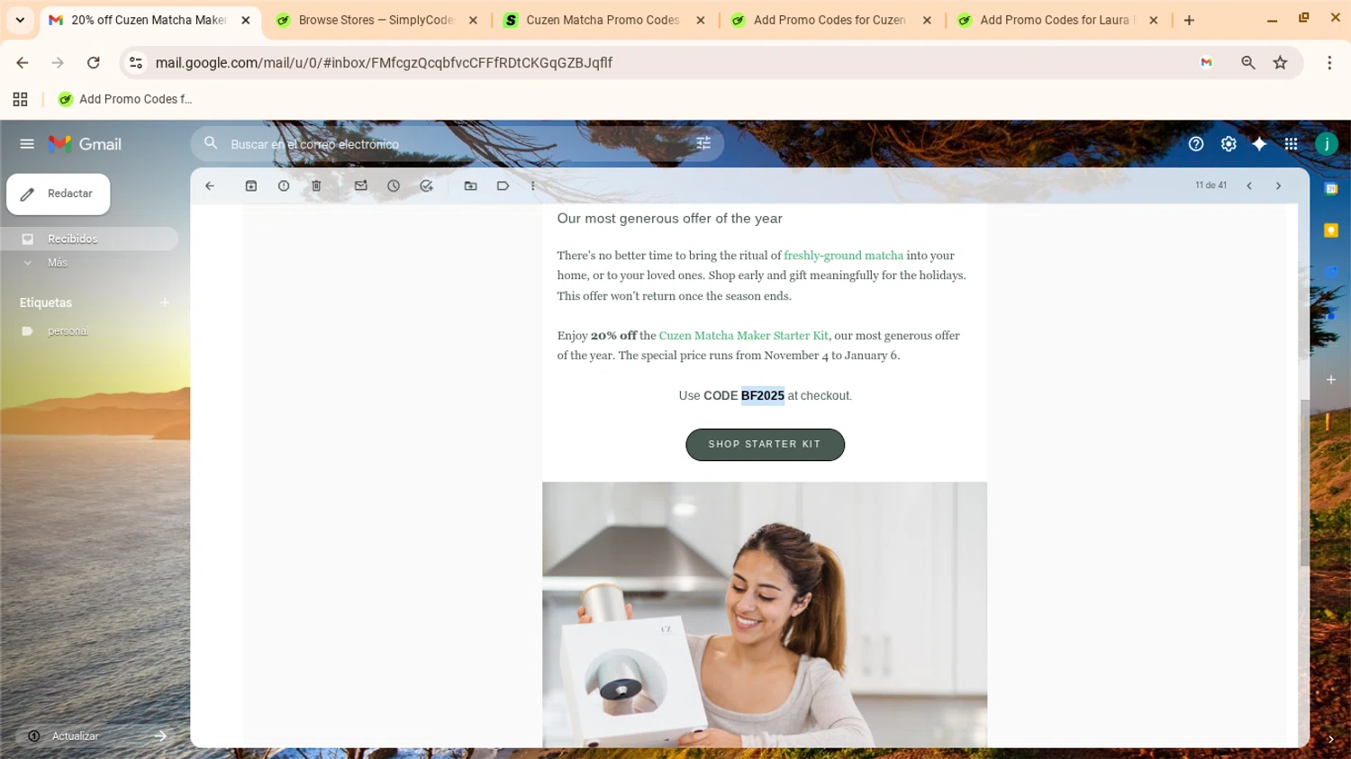 Cuzen Matcha discount code screenshot showing code BF2025 applied at Cuzen Matcha checkout page. Uploaded by SimplyCodes community member yennifergonzalez on Nov 4, 2025