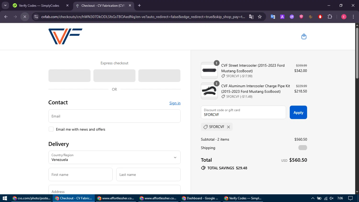 CVF discount code screenshot showing code 5FORCVF applied at CVF checkout page. Uploaded by SimplyCodes community member MightyNavigator742 on Sep 15, 2025