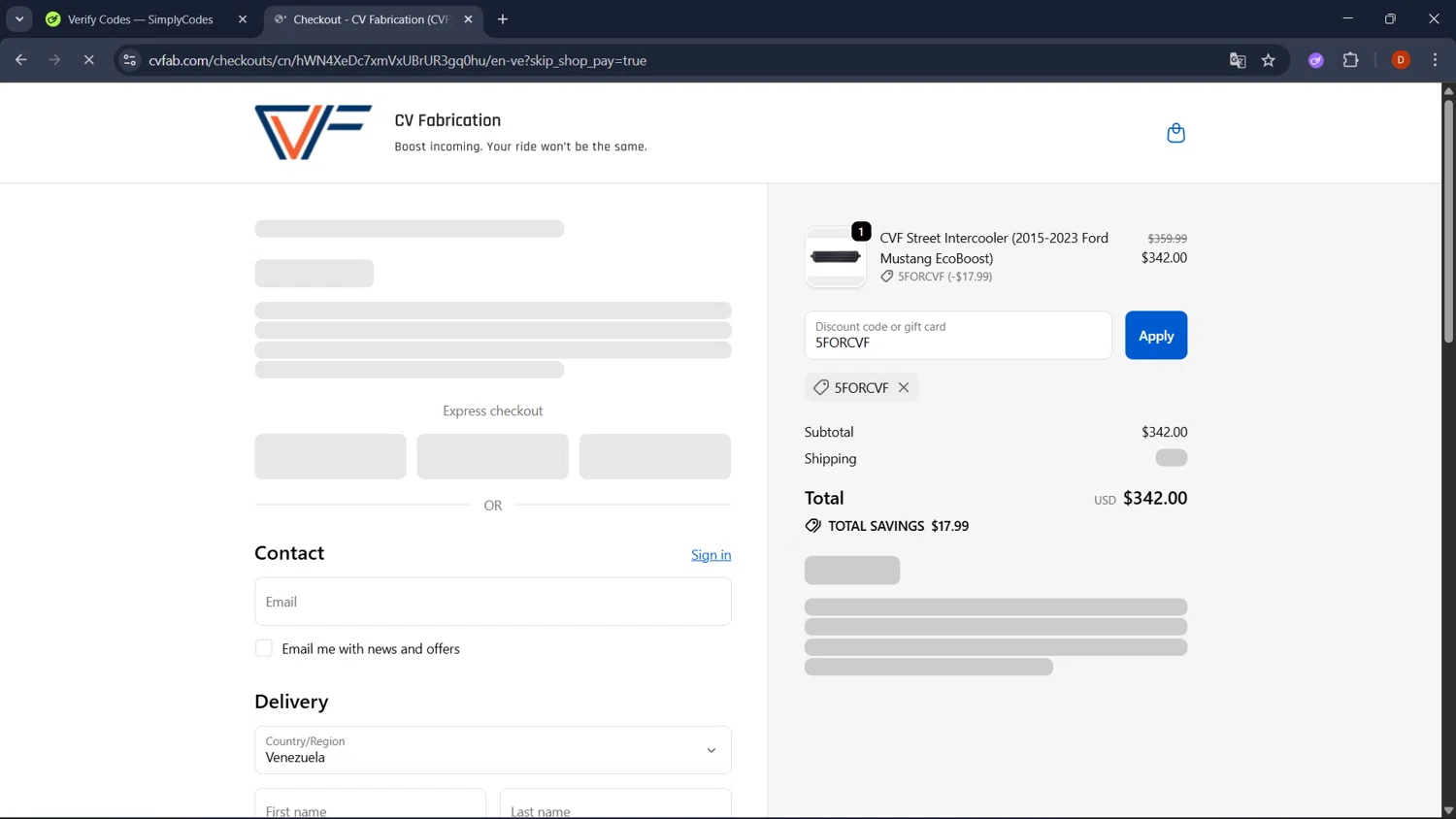 CVF discount code screenshot showing code 5FORCVF applied at CVF checkout page. Uploaded by SimplyCodes community member RoyalSaver3150 on Oct 26, 2025