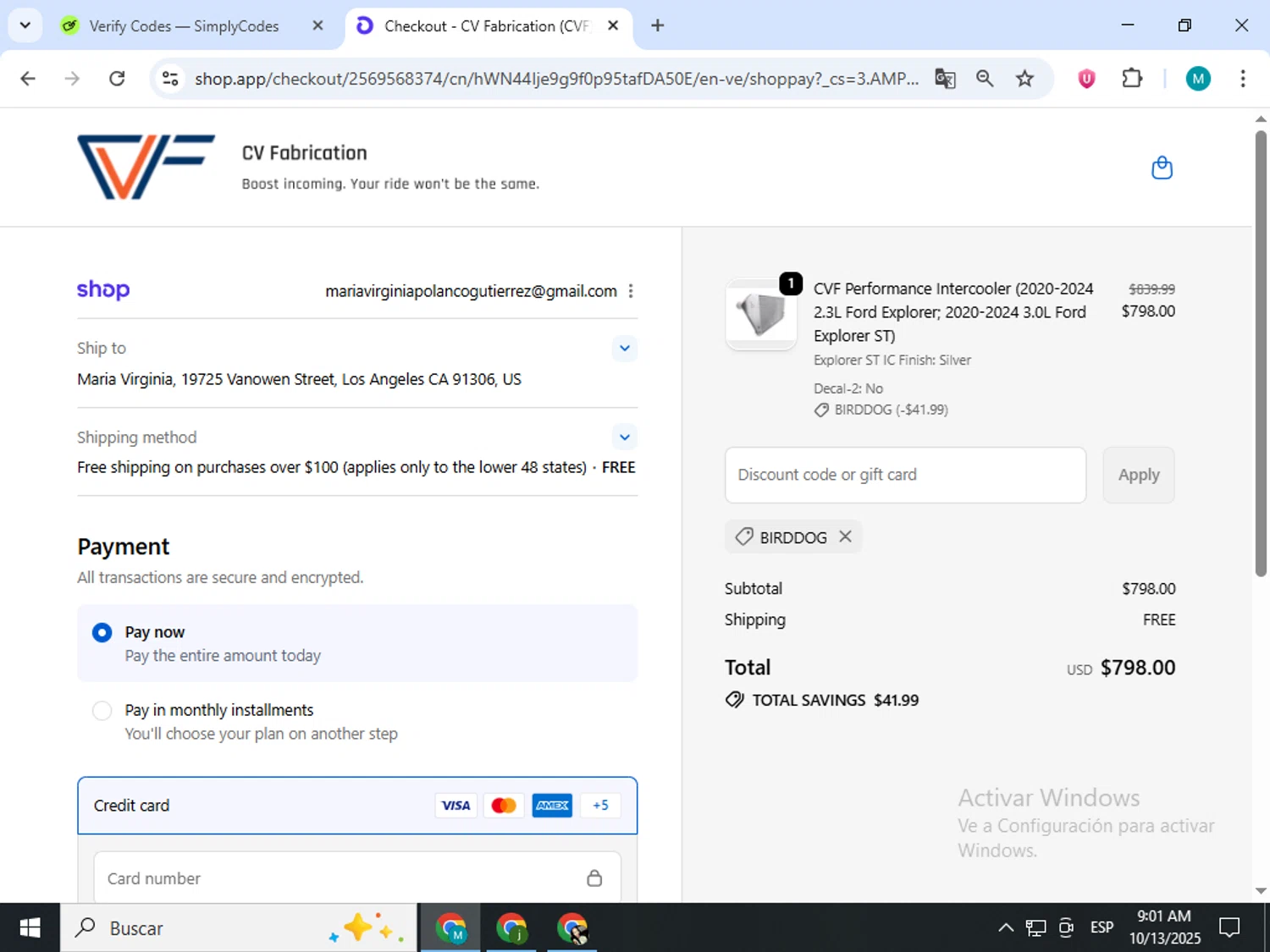 CVF discount code screenshot showing code BIRDDOG applied at CVF checkout page. Uploaded by SimplyCodes community member estrellaveloz on Oct 13, 2025