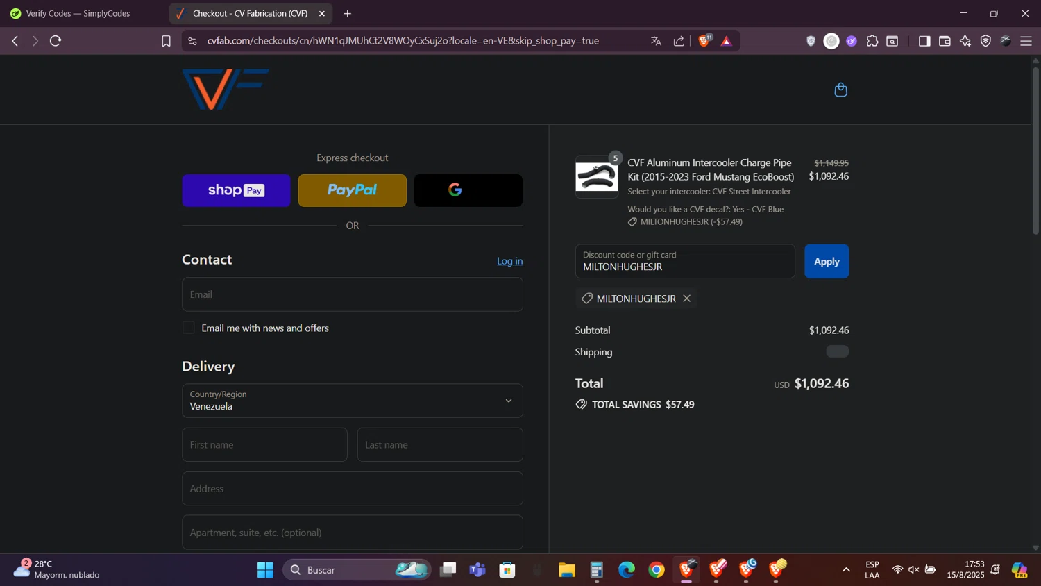 CVF discount code screenshot showing code MILTONHUGHESJR applied at CVF checkout page. Uploaded by SimplyCodes community member Caraxes on Aug 15, 2025