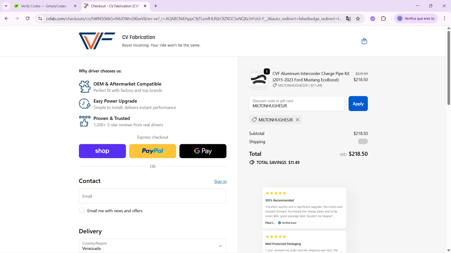 CVF discount code screenshot showing code MILTONHUGHESJR applied at CVF checkout page. Uploaded by SimplyCodes community member ExtraordinaryWhiz4519 on Nov 7, 2025