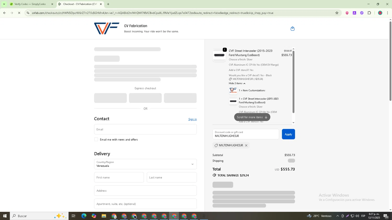 CVF discount code screenshot showing code MILTONHUGHESJR applied at CVF checkout page. Uploaded by SimplyCodes community member Michael_Brown on Nov 12, 2025