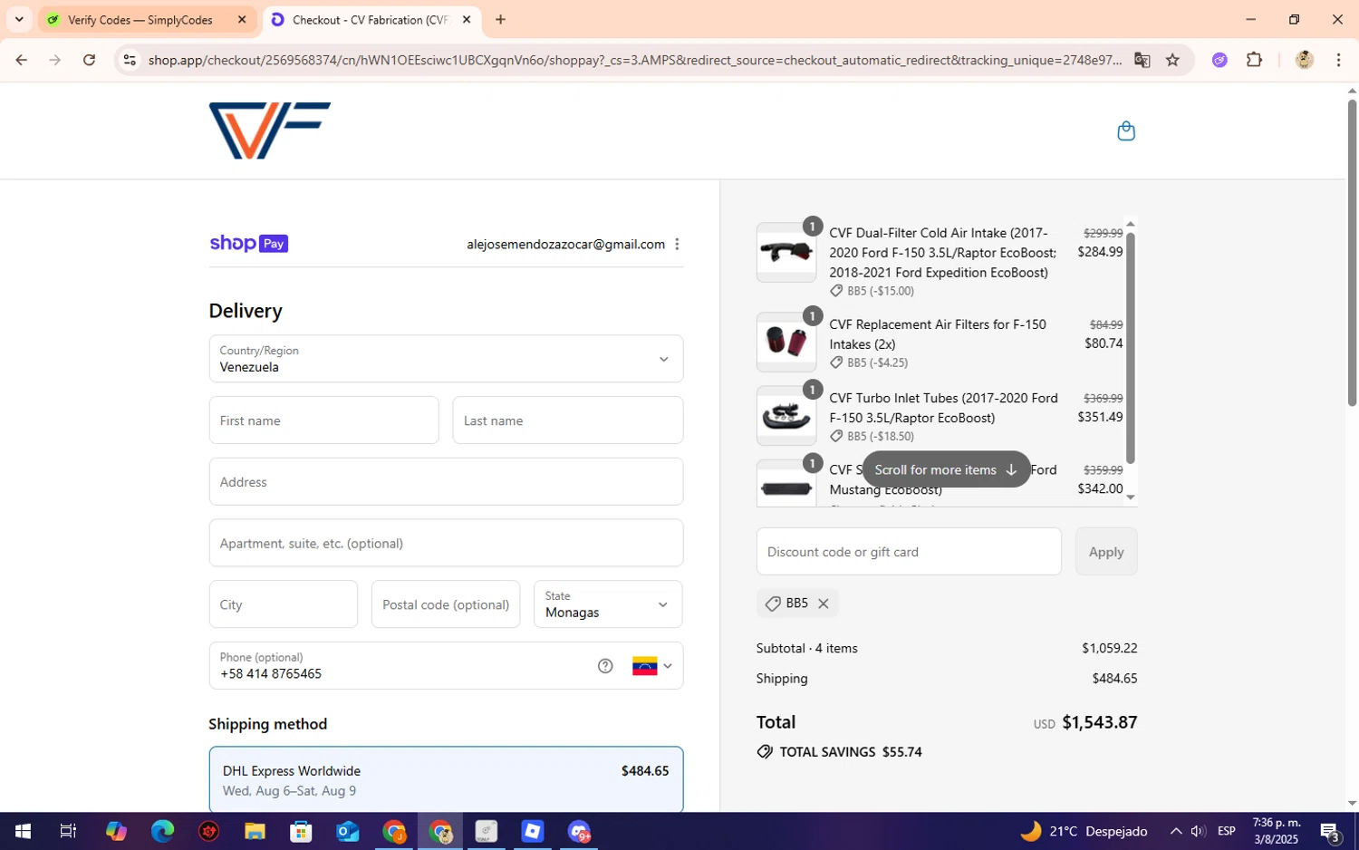 CVF discount code screenshot showing code BB5 applied at CVF checkout page. Uploaded by SimplyCodes community member Lilithh on Aug 3, 2025