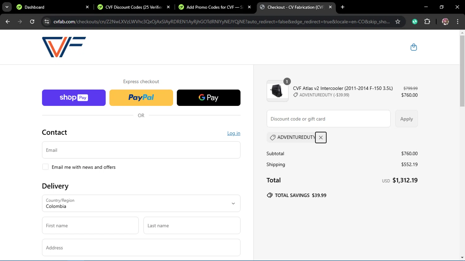 CVF discount code screenshot showing code ADVENTUREDUTY applied at CVF checkout page. Uploaded by SimplyCodes community member Juliet on Mar 17, 2025