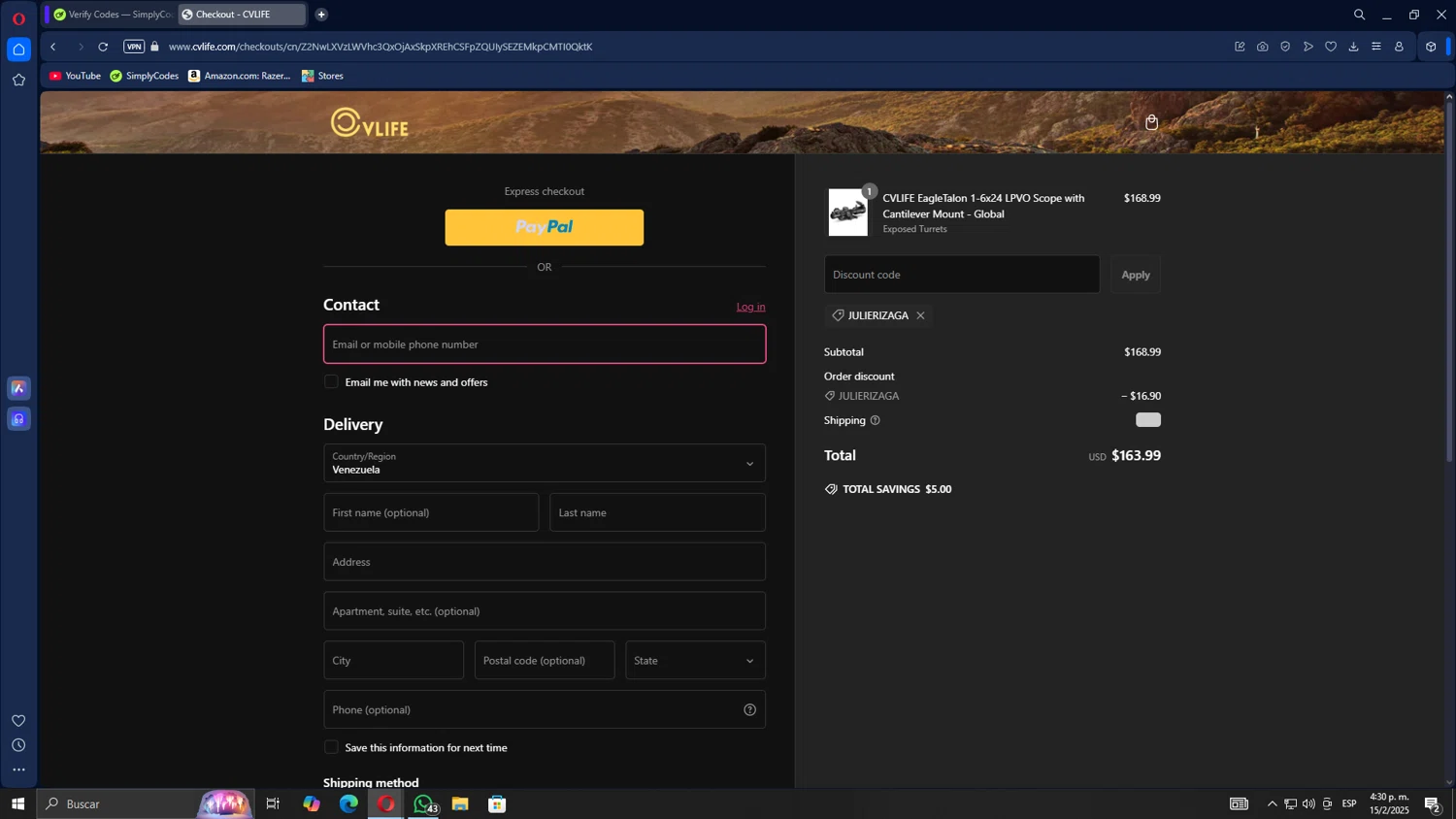 Cvlife discount code screenshot showing code JULIERIZAGA applied at Cvlife checkout page. Uploaded by SimplyCodes community member Gojira on Feb 15, 2025