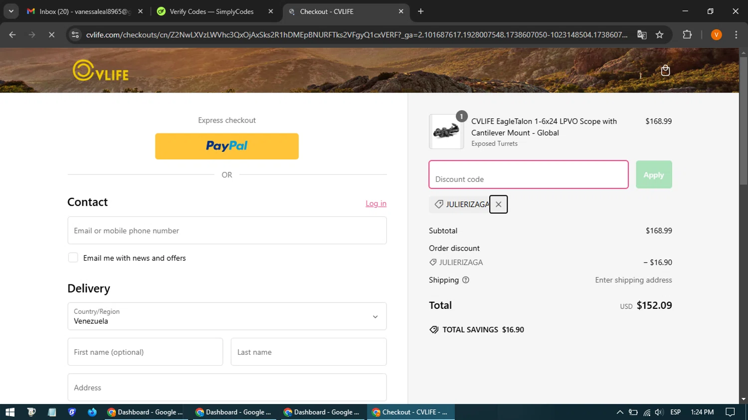 Cvlife discount code screenshot showing code JULIERIZAGA applied at Cvlife checkout page. Uploaded by SimplyCodes community member CleverSpotter4192 on Feb 3, 2025