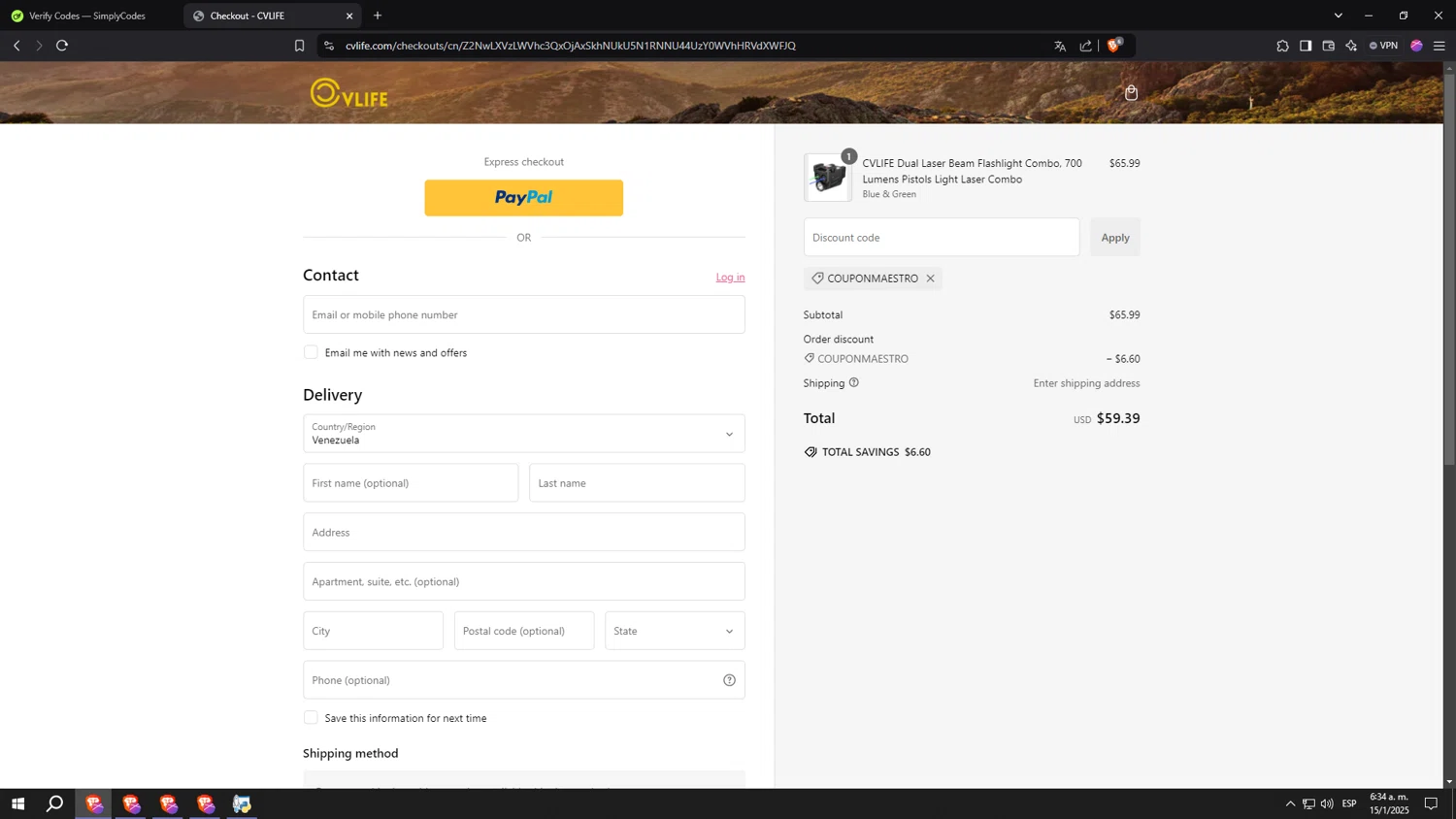 Cvlife discount code screenshot showing code COUPONMAESTRO applied at Cvlife checkout page. Uploaded by SimplyCodes community member aaaaaaaaaaaaaaaaaaaaa on Jan 15, 2025