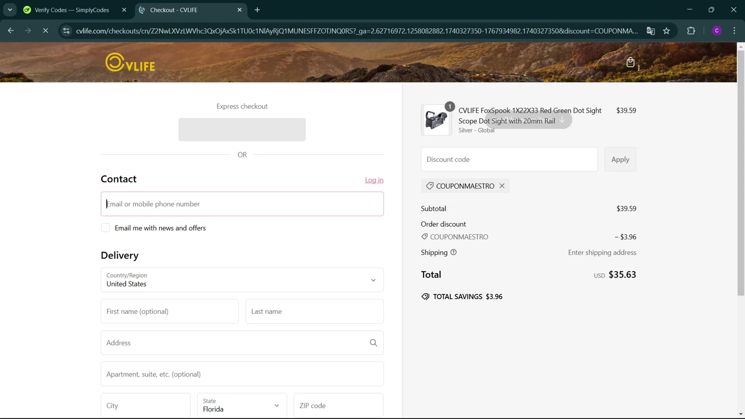 Cvlife discount code screenshot showing code COUPONMAESTRO applied at Cvlife checkout page. Uploaded by SimplyCodes community member GoldSeeker3096 on Feb 23, 2025