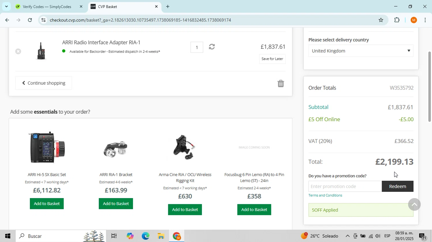 CVP promo code screenshot showing code 5OFF applied at CVP checkout page. Uploaded by SimplyCodes community member WonderDefender8727 on Jan 28, 2025
