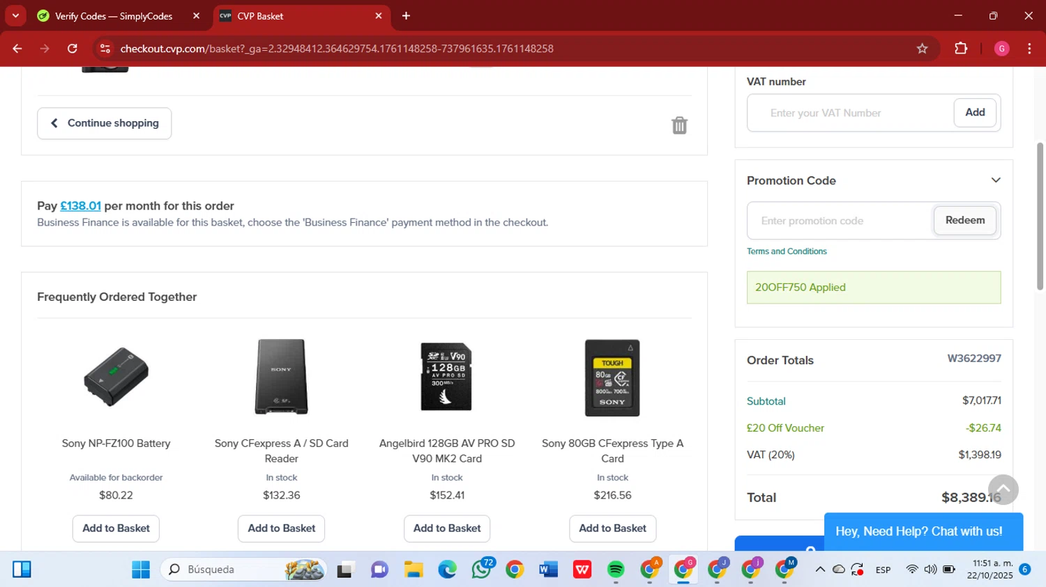 CVP promo code screenshot showing code 20OFF750 applied at CVP checkout page. Uploaded by SimplyCodes community member GGGilbert on Oct 22, 2025