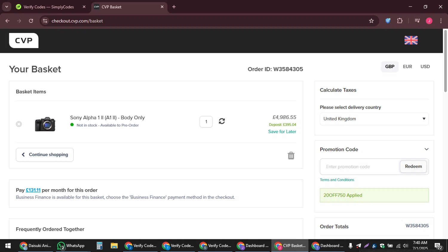 CVP promo code screenshot showing code 20OFF750 applied at CVP checkout page. Uploaded by SimplyCodes community member JackWilson63 on Jul 1, 2025