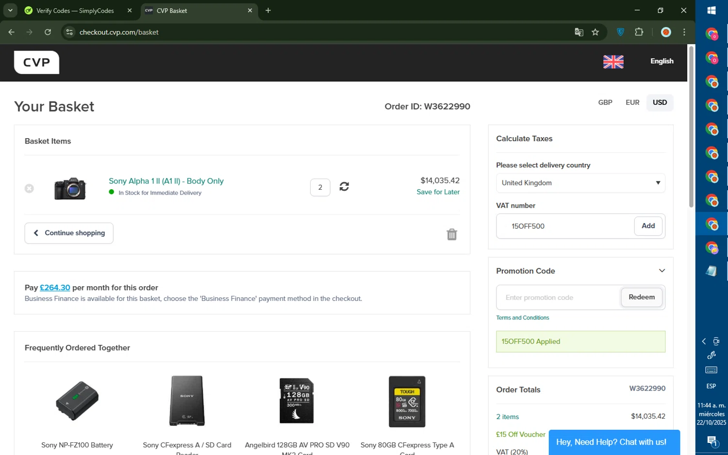 CVP promo code screenshot showing code 15OFF500 applied at CVP checkout page. Uploaded by SimplyCodes community member DealTiger9869 on Oct 22, 2025