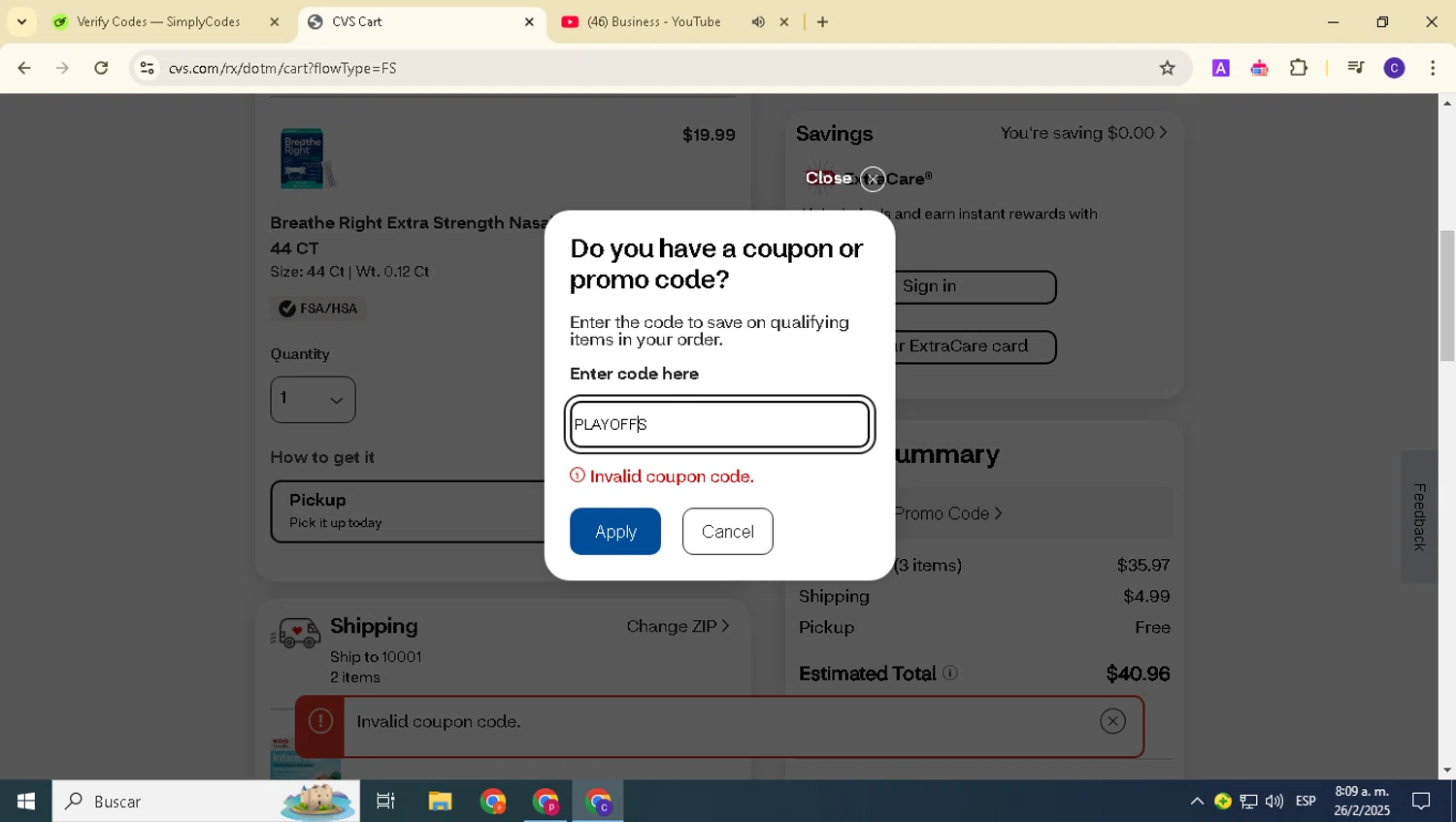 CVS CarePass promo code screenshot showing code PLAYOFFS applied at CVS CarePass checkout page. Uploaded by SimplyCodes community member alexanderarnold on Feb 26, 2025
