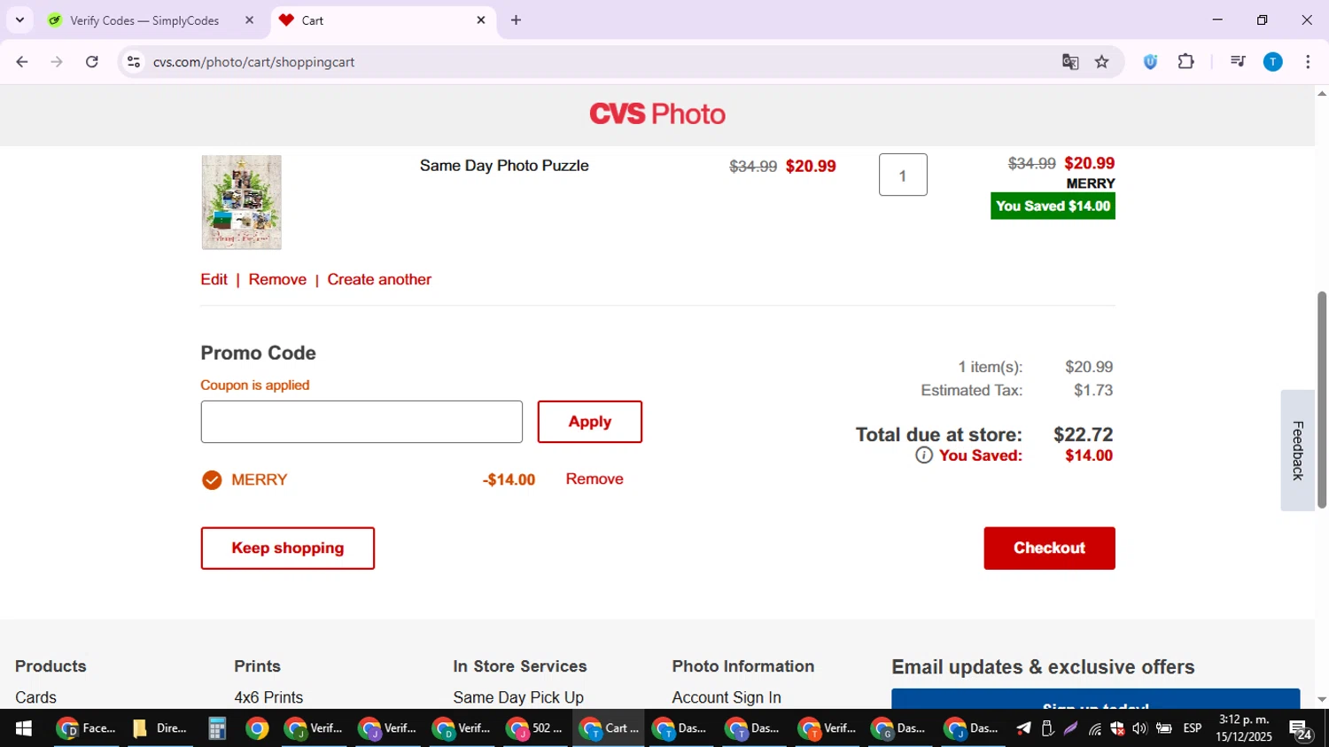 CVS CarePass checkout page showing CVS CarePass promo code box | Screenshot taken by SimplyCodes community member on Dec 15, 2025