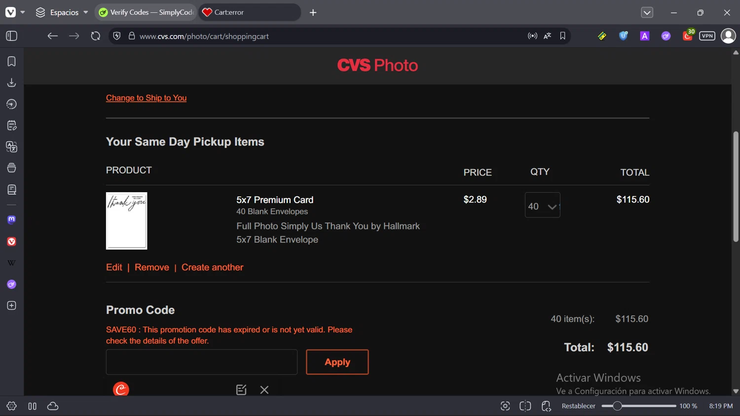 CVS Optical promo code screenshot showing code SAVE60 applied at CVS Optical checkout page. Uploaded by SimplyCodes community member comidaparallevar on Nov 1, 2025