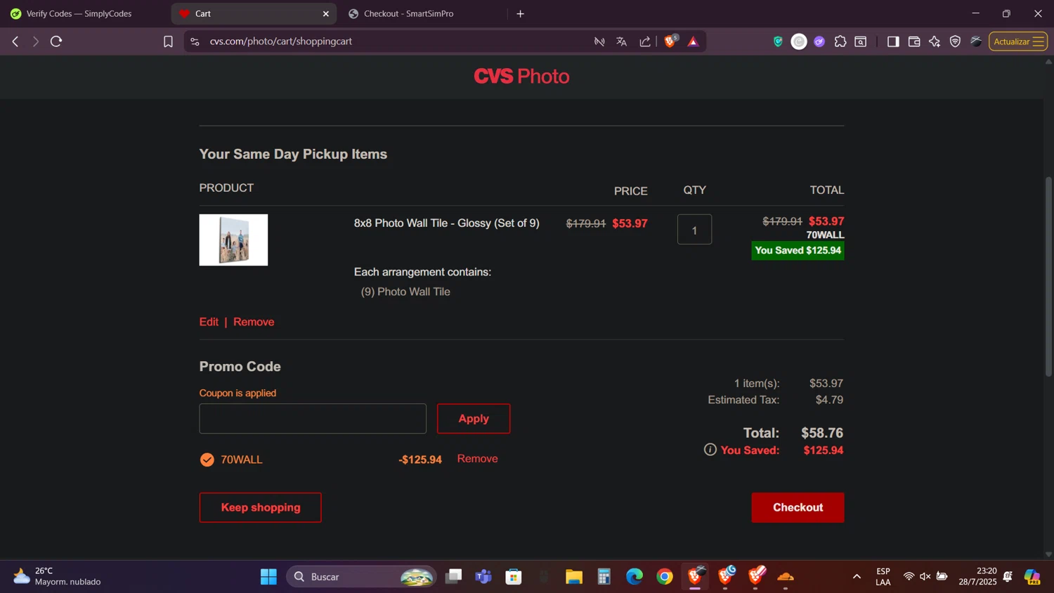 CVS Optical promo code screenshot showing code 70wall applied at CVS Optical checkout page. Uploaded by SimplyCodes community member Caraxes on Jul 29, 2025