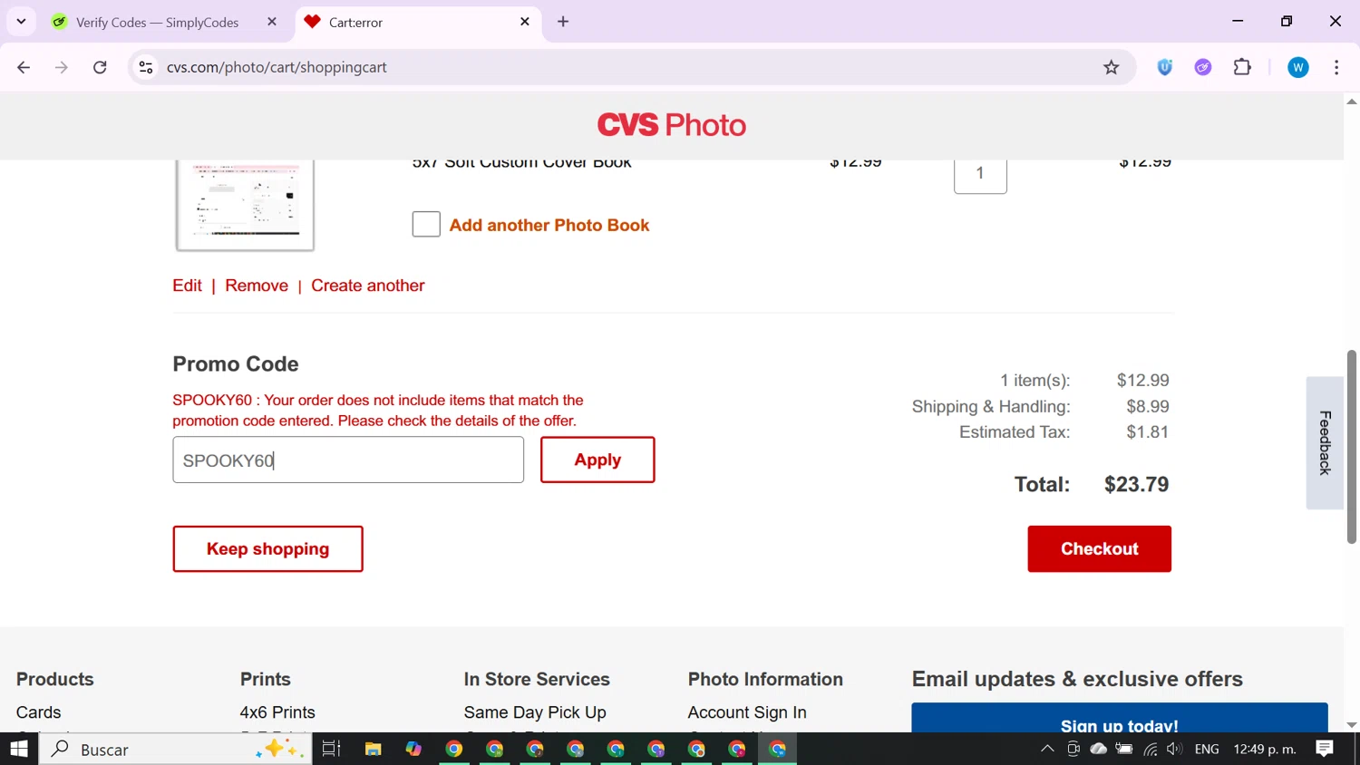 CVS Optical checkout page showing CVS Optical promo code box | Screenshot taken by SimplyCodes community member on Nov 1, 2025