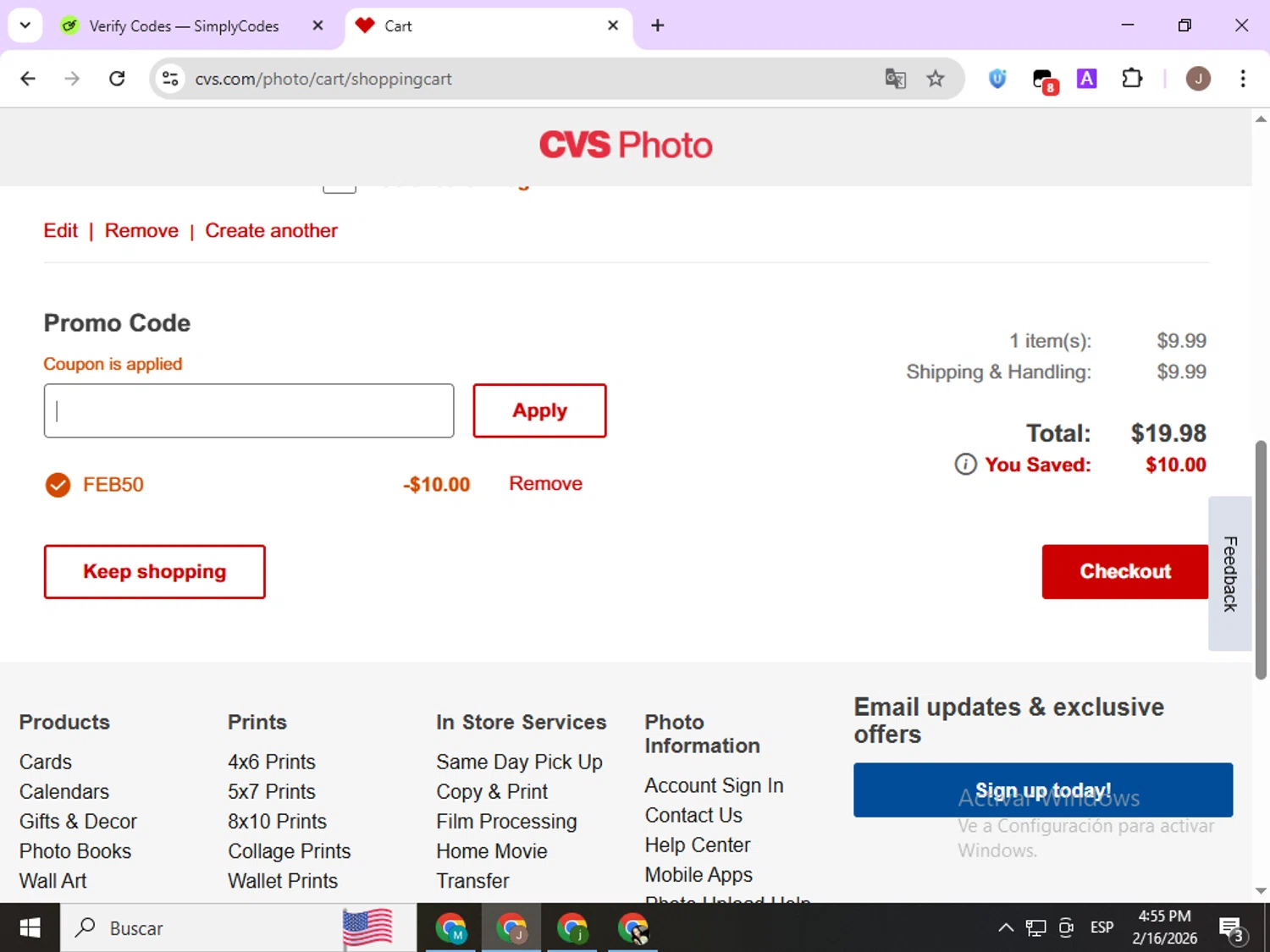 CVS Optical checkout page showing CVS Optical promo code box | Screenshot taken by SimplyCodes community member on Feb 16, 2026