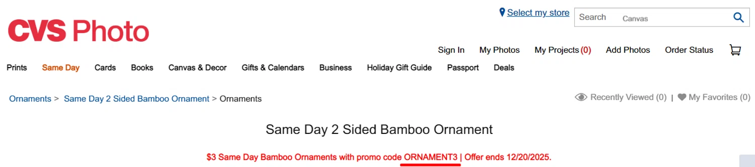 CVS Optical promo code screenshot showing code ORNAMENT3 applied at CVS Optical checkout page. Uploaded by SimplyCodes community member Alofoke on Dec 19, 2025