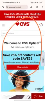 CVS Optical coupon verification screenshot