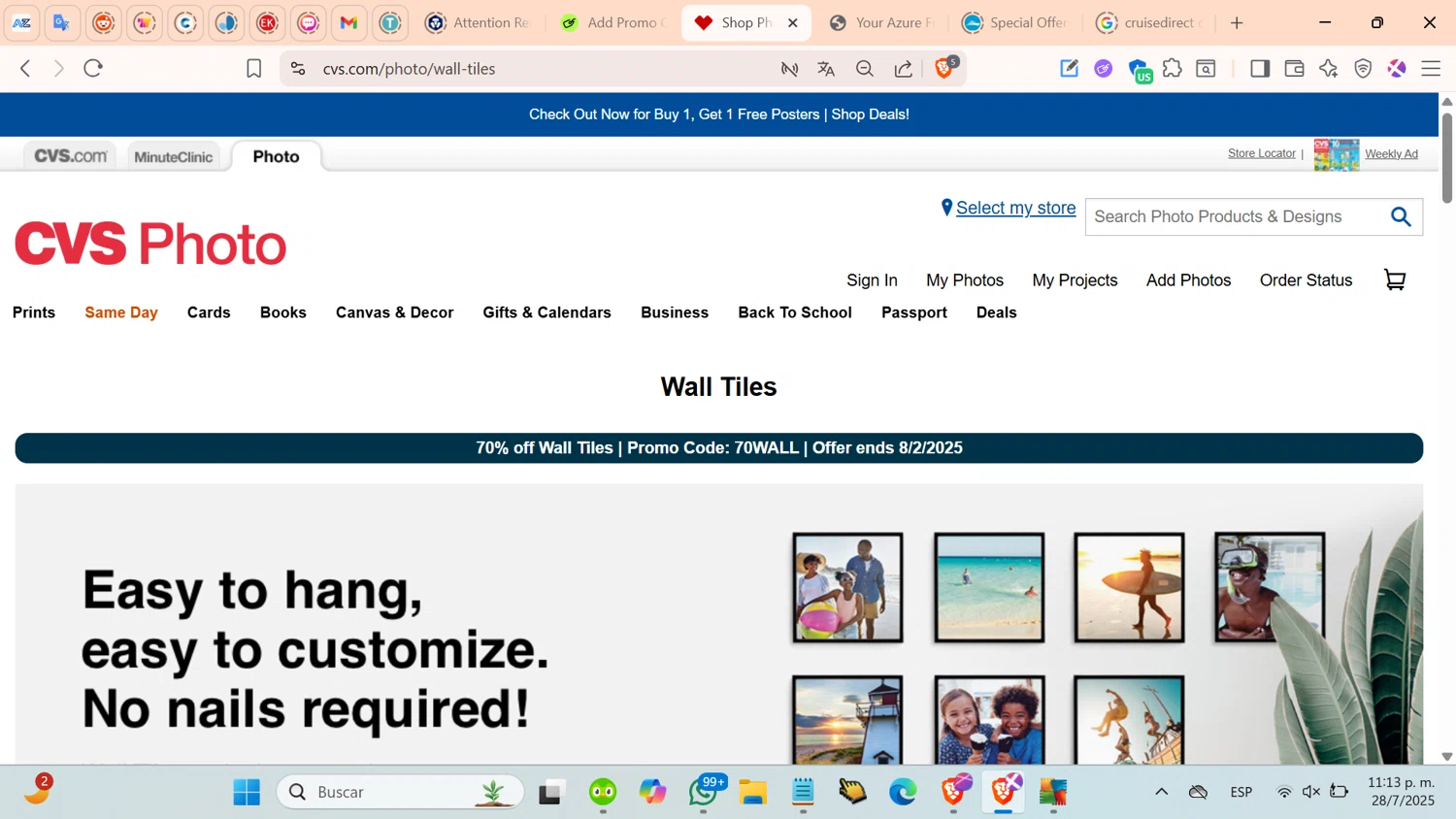 CVS Optical promo code screenshot showing code 70WALL applied at CVS Optical checkout page. Uploaded by SimplyCodes community member cosita on Jul 29, 2025