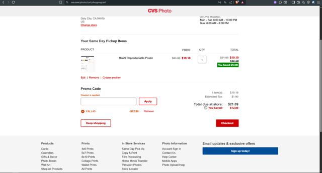 CVS Photo checkout page showing CVS Photo promo code box | Screenshot taken by SimplyCodes community member on Oct 3, 2025