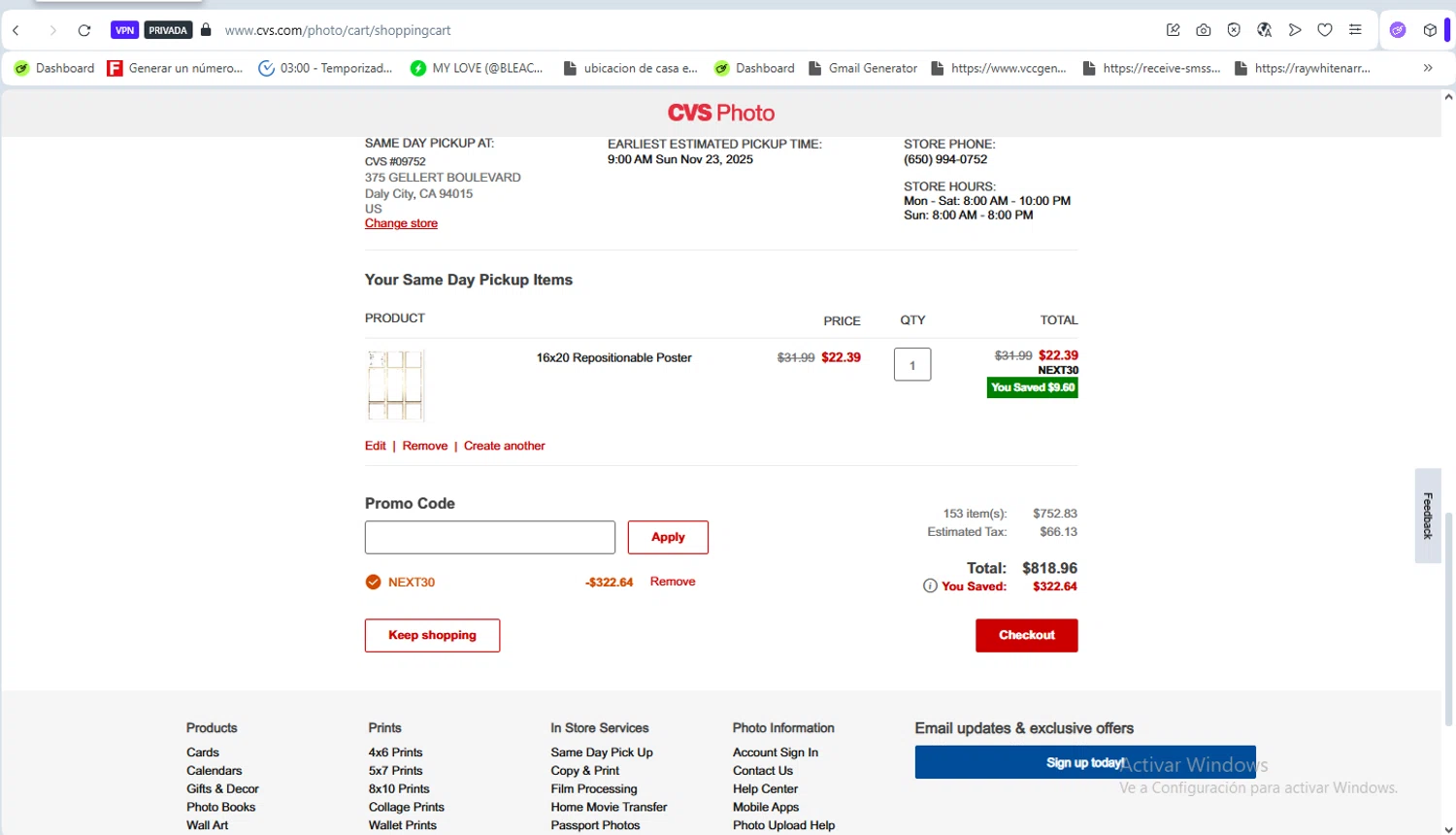 CVS Photo promo code screenshot showing code NEXT30 applied at CVS Photo checkout page. Uploaded by SimplyCodes community member VoucherFalcon3942 on Nov 23, 2025