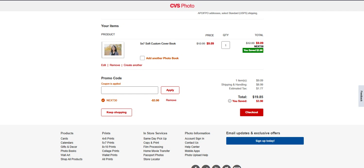 CVS Photo promo code screenshot showing code NEXT30 applied at CVS Photo checkout page. Uploaded by SimplyCodes community member pradenest_e8ec on Dec 23, 2025