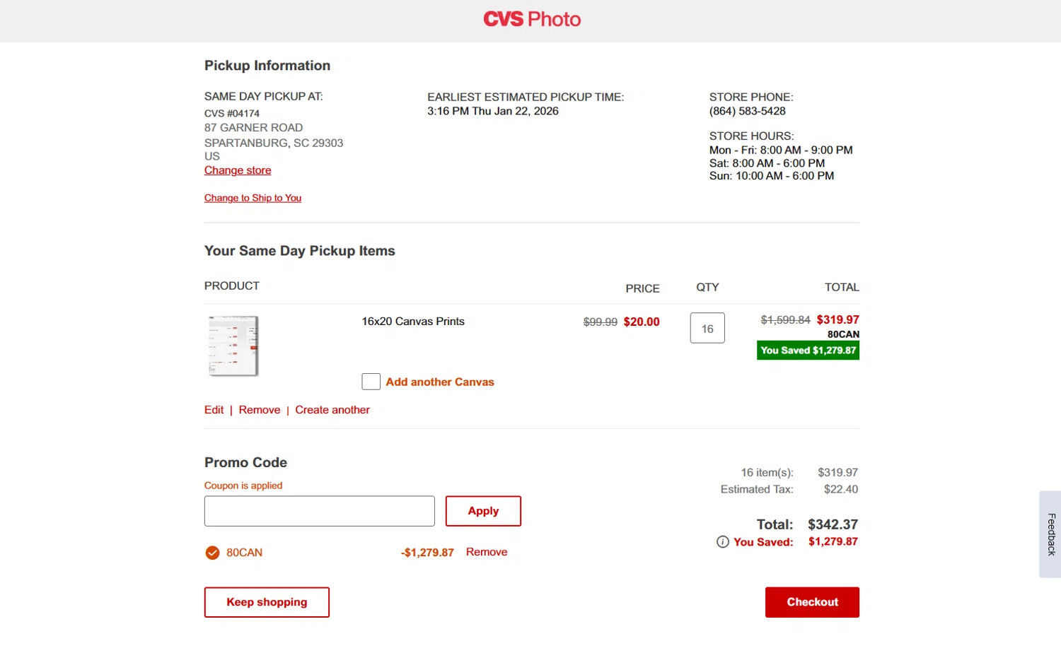 CVS Photo checkout page showing CVS Photo promo code box | Screenshot taken by SimplyCodes community member on Jan 22, 2026