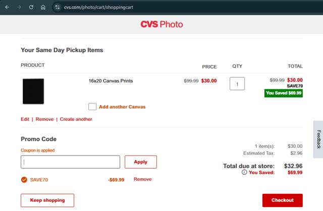 CVS Photo checkout page showing CVS Photo promo code box | Screenshot taken by SimplyCodes community member on Oct 8, 2025